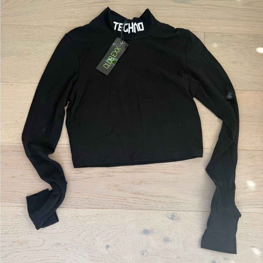 Dolls Kill Club Exx Techno Graphic Long Sleeve Crop Top Black L NWT
